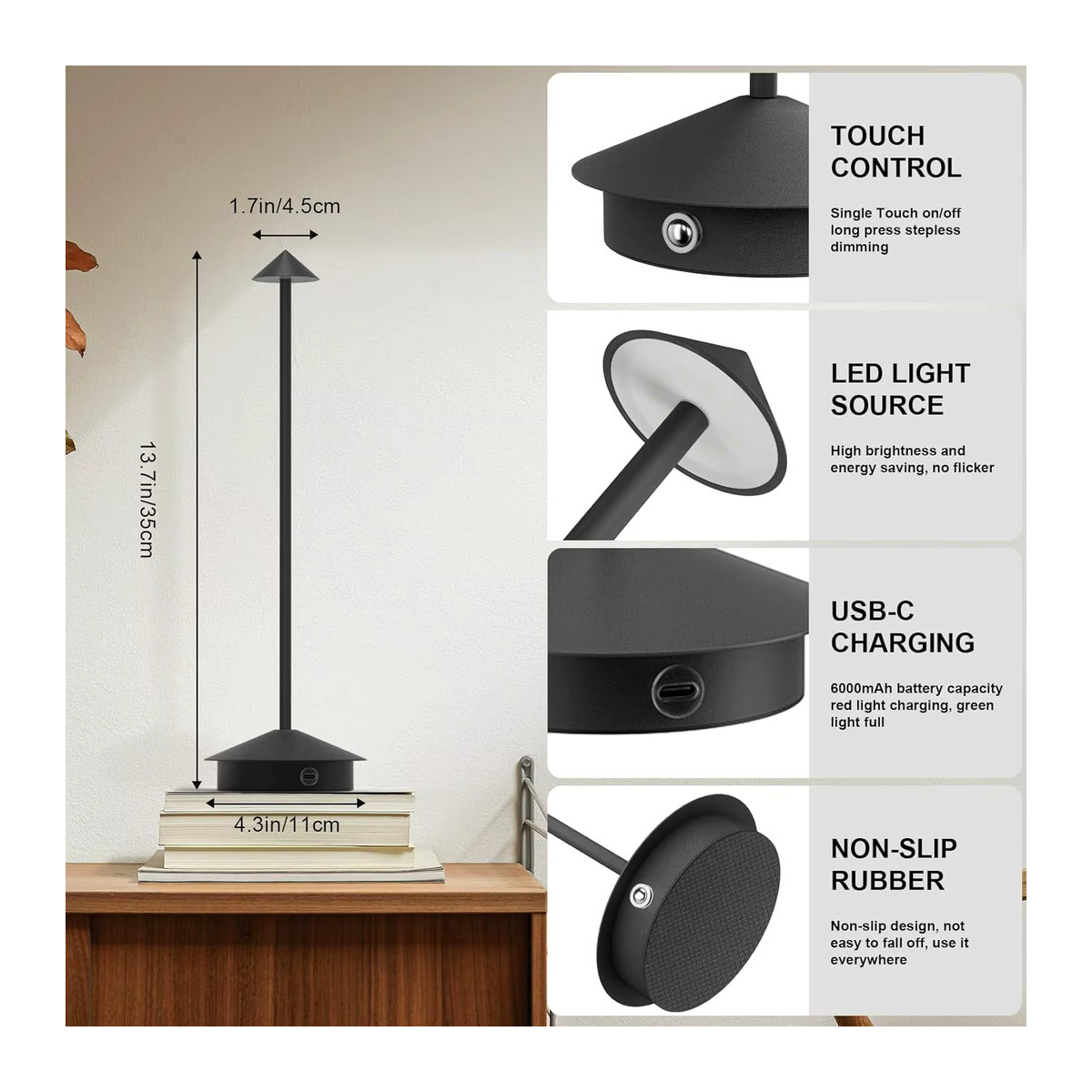 Wiederaufladbare LED Tischlampe Pina Pro in Schwarz im minimalistischen Pilz-Design für Hotel, Bar und Esszimmer - Bild 4