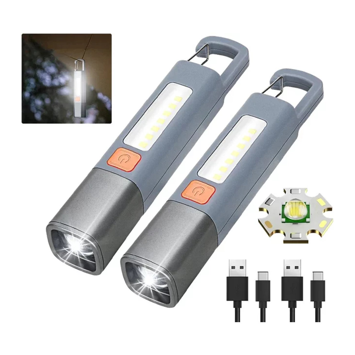 Wiederaufladbare LED Zoom Taschenlampe mit integriertem Akku und Haken als Camping Hängelampe mit COB Seitenlampe - Bild 1