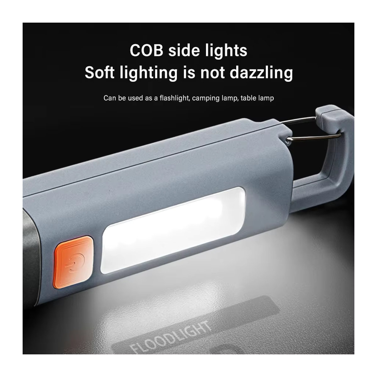 Wiederaufladbare LED Zoom Taschenlampe mit integriertem Akku und Haken als Camping Hängelampe mit COB Seitenlampe - Bild 3