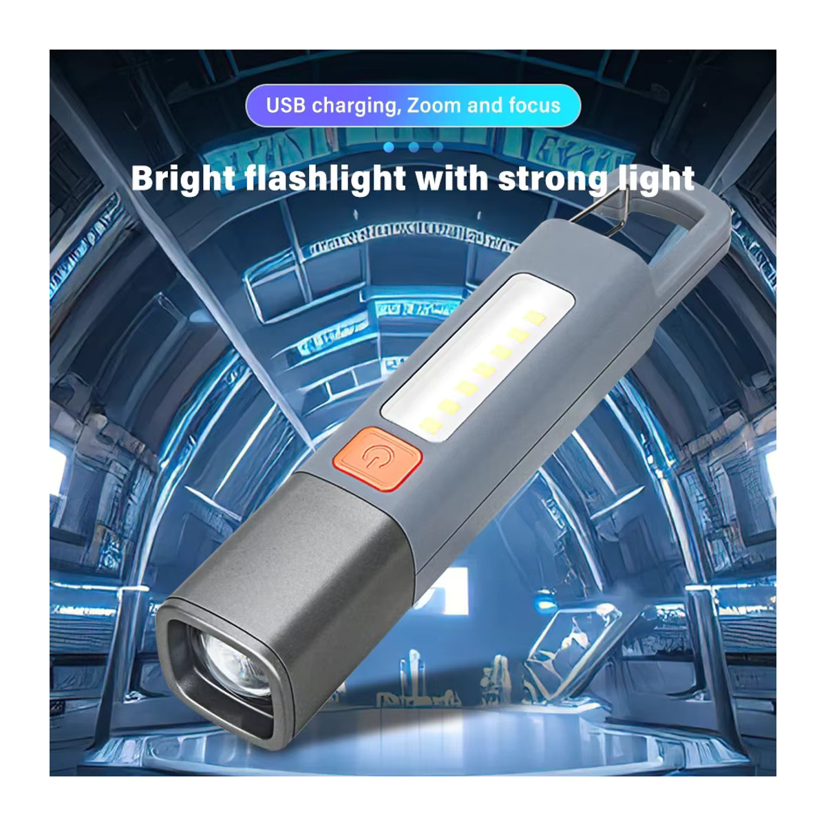 Wiederaufladbare LED Zoom Taschenlampe mit integriertem Akku und Haken als Camping Hängelampe mit COB Seitenlampe - Bild 5