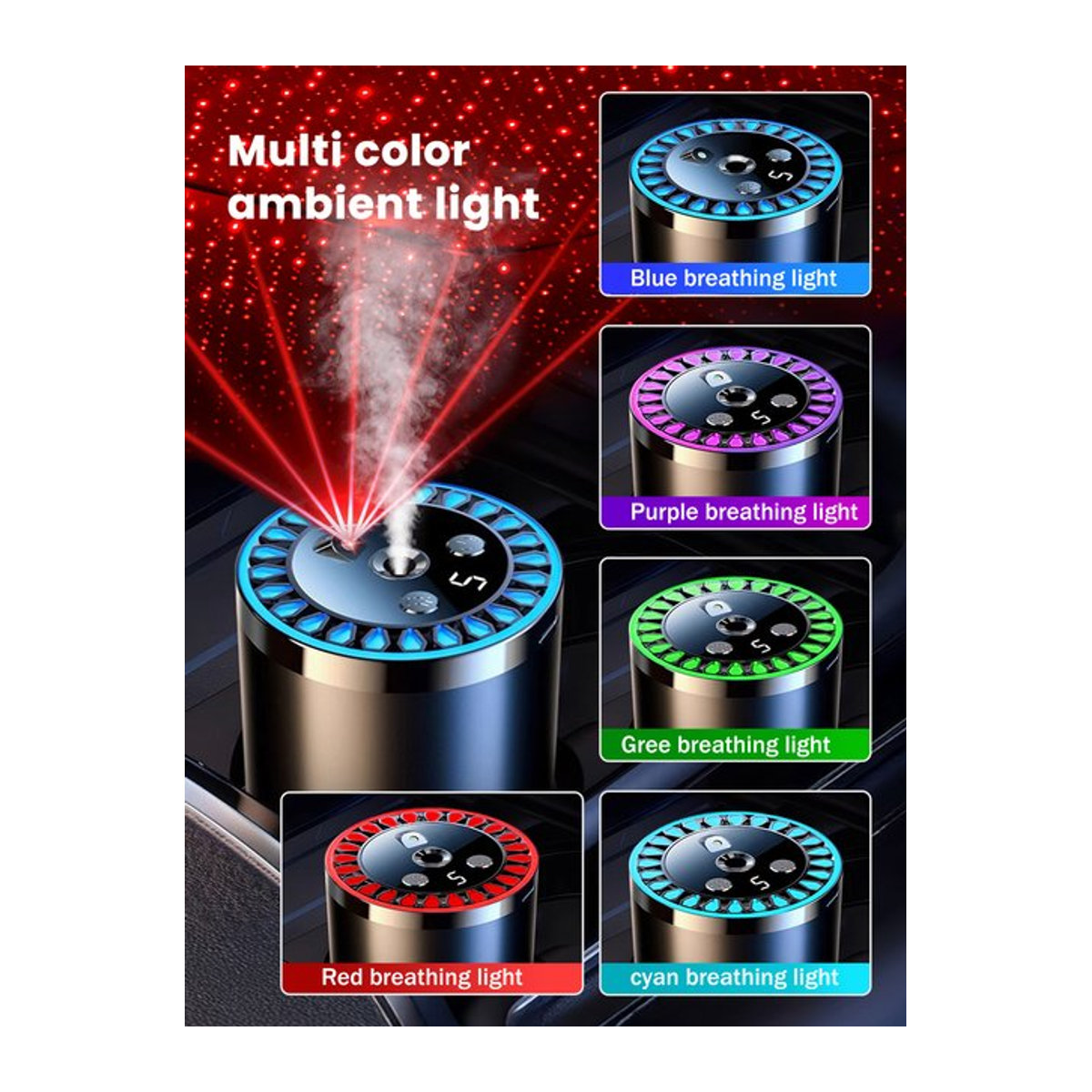 Wiederaufladbare Sternenlichtlampe und Aromadiffusor für das Auto mit 5 Arten ätherischer Öle in Bunt und Gardinia im modernen Design - Bild 1