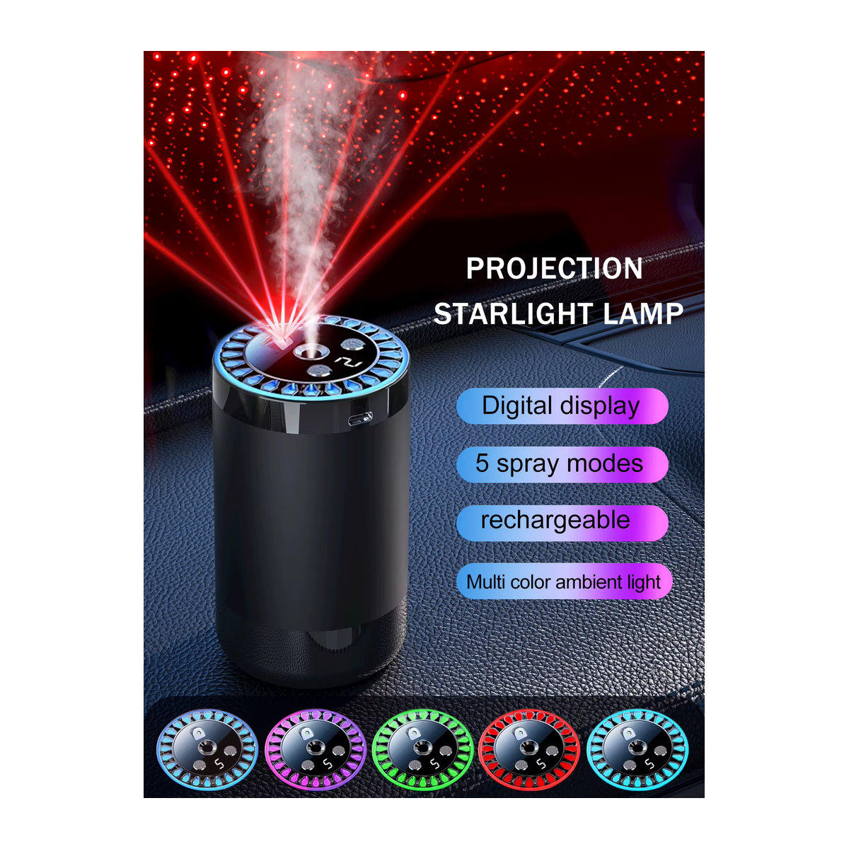 Wiederaufladbare Sternenlichtlampe und Aromadiffusor für das Auto mit 5 Arten ätherischer Öle in Bunt und Gardinia im modernen Design - Bild 3
