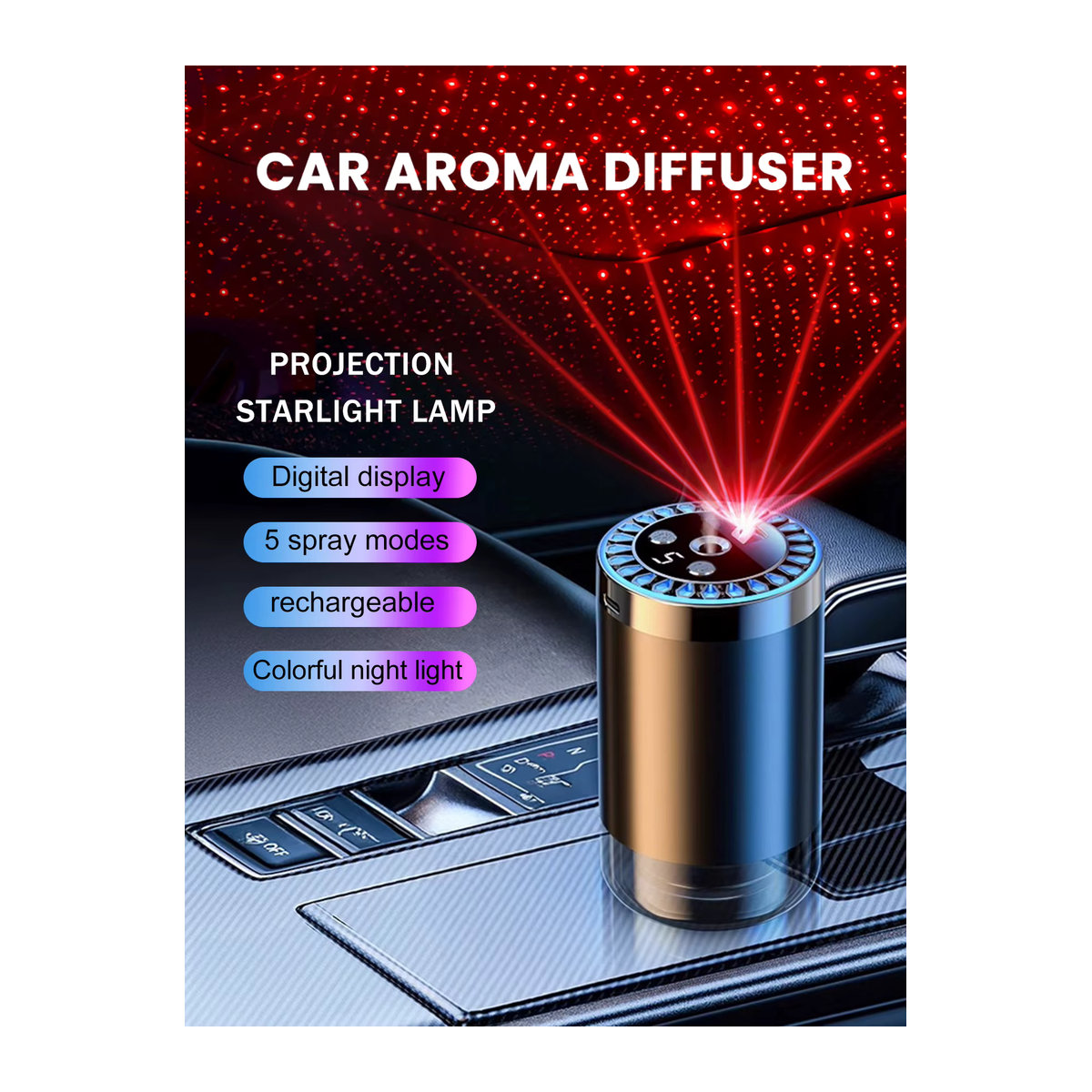 Wiederaufladbare Sternenlichtlampe und Aromadiffusor für das Auto mit 5 Arten ätherischer Öle in Bunt und Gardinia im modernen Design - Bild 4