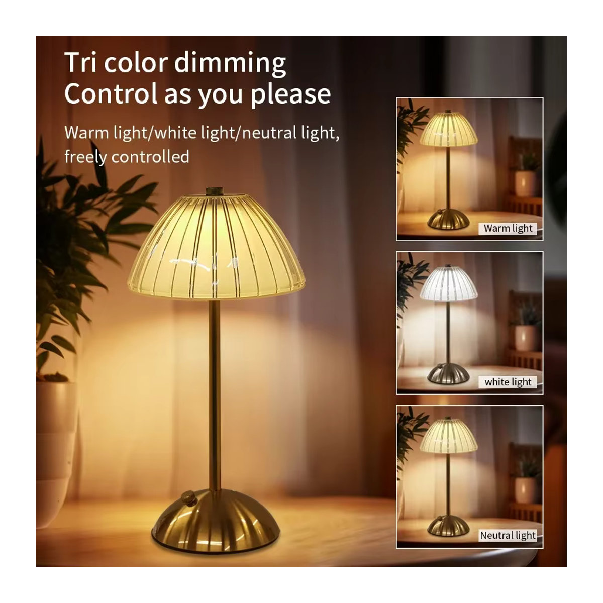 Wiederaufladbare Touch-Tischlampe aus Glas mit 3 Farben und dimmbarer Funktion im modernen Kristall-Design - Bild 3