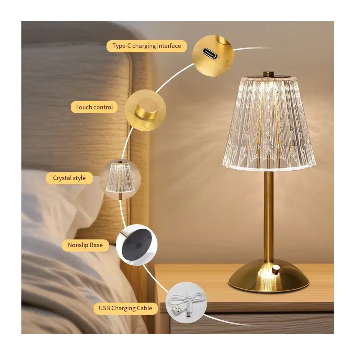 Wiederaufladbare Touch-Tischlampe aus Glas mit 3 Farben und dimmbarer Funktion im modernen Kristall-Design - Bild 5
