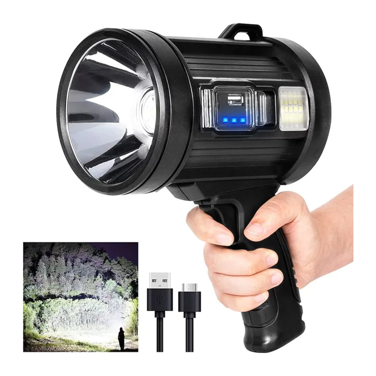 Wiederaufladbarer LED-Scheinwerfer mit 1.000.000 Lumen, tragbare Jagd-Taschenlampe mit COB-Licht und Solarmodulen für Camping - Bild 1