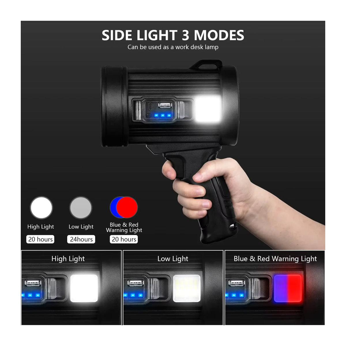 Wiederaufladbarer LED-Scheinwerfer mit 1.000.000 Lumen, tragbare Jagd-Taschenlampe mit COB-Licht und Solarmodulen für Camping - Bild 3