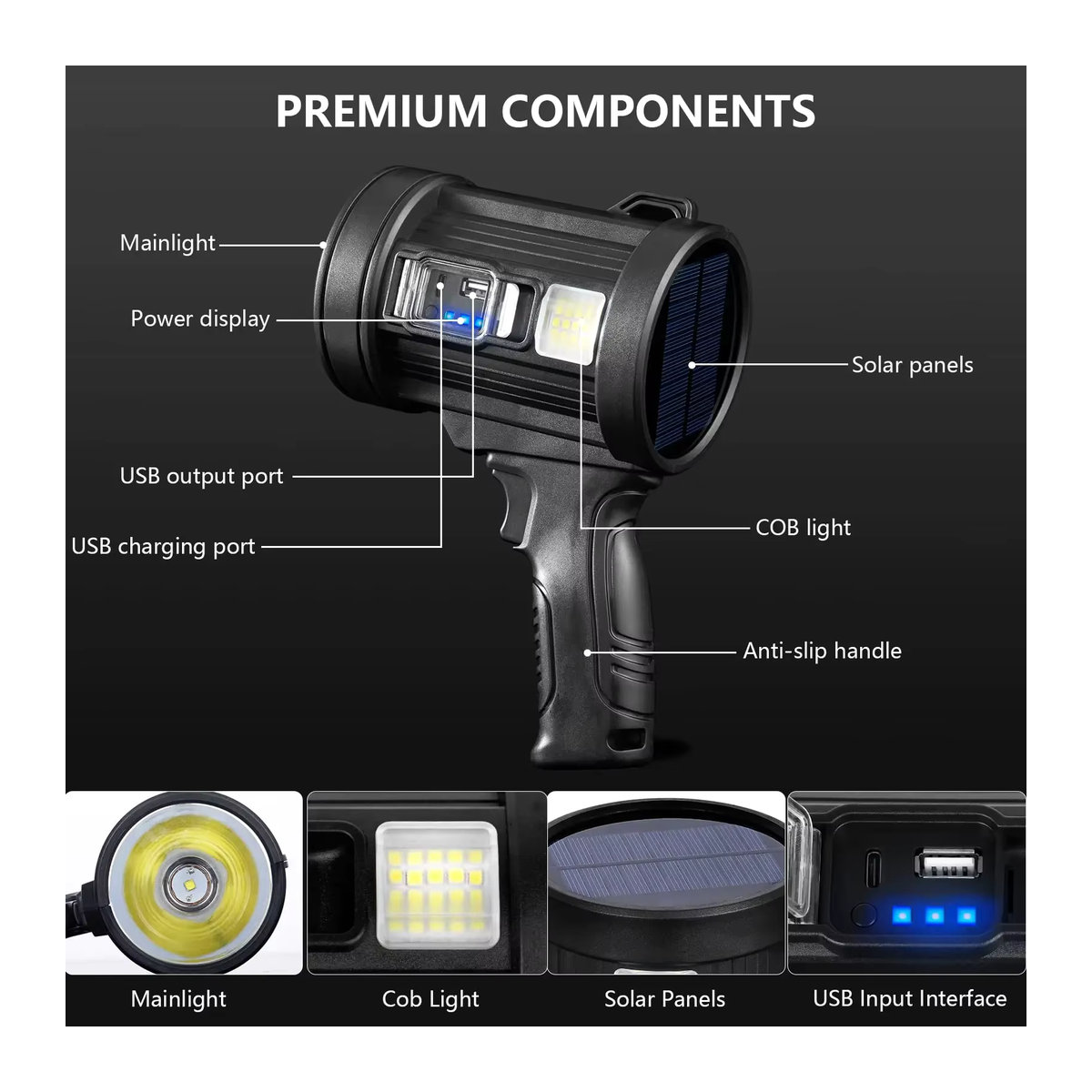 Wiederaufladbarer LED-Scheinwerfer mit 1.000.000 Lumen, tragbare Jagd-Taschenlampe mit COB-Licht und Solarmodulen für Camping - Bild 4