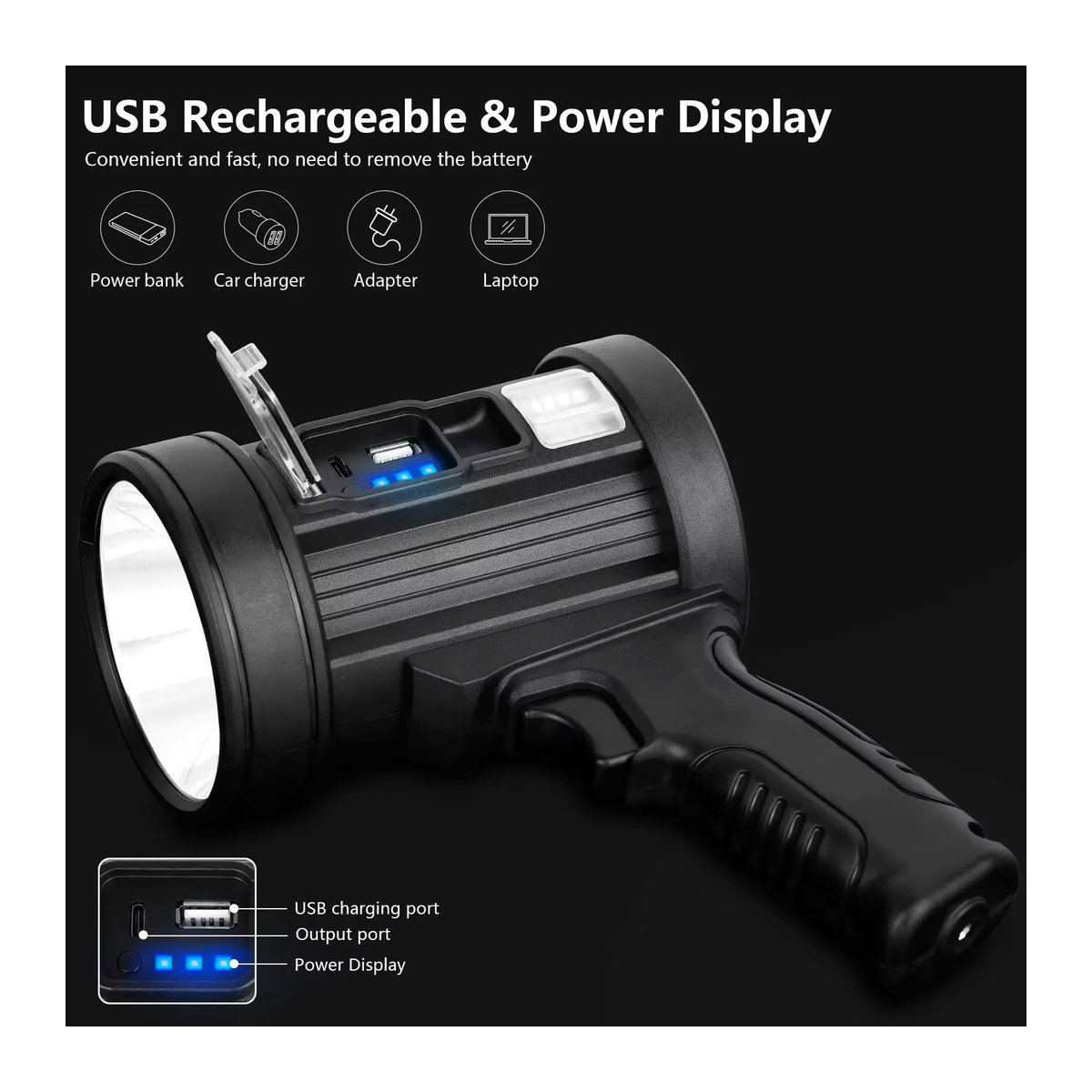 Wiederaufladbarer LED-Scheinwerfer mit 1.000.000 Lumen, tragbare Jagd-Taschenlampe mit COB-Licht und Solarmodulen für Camping - Bild 5