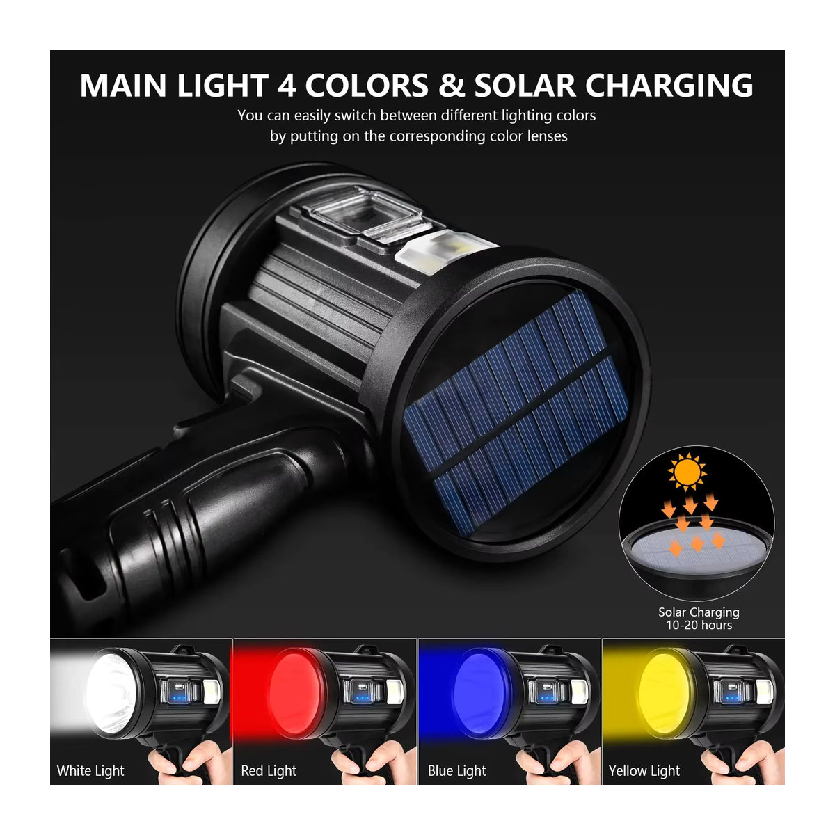 Wiederaufladbarer LED-Scheinwerfer mit 1.000.000 Lumen, tragbare Jagd-Taschenlampe mit COB-Licht und Solarmodulen für Camping - Bild 6