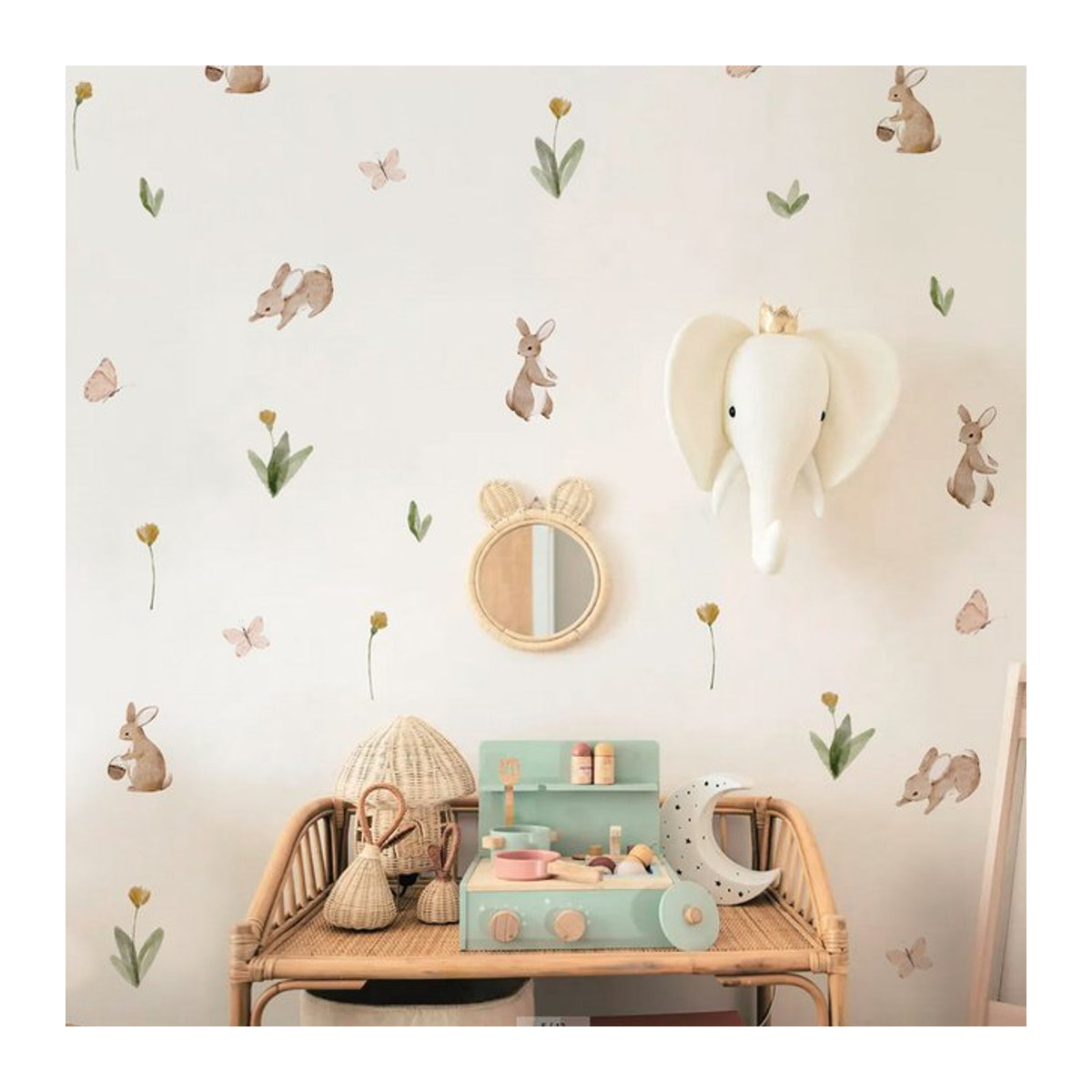 Wiederverwendbare Aquarell Wandaufkleber von Liwo mit Hasen und Blumen für dein Kinderzimmer in mehrfarbigem skandinavischem Design - Bild 1