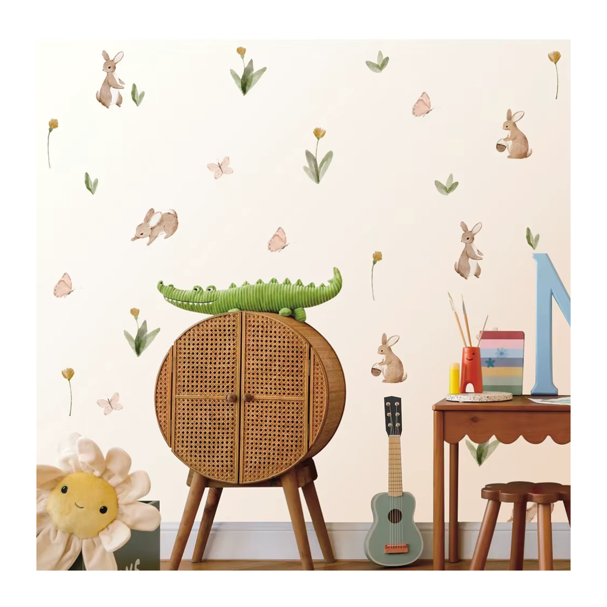 Wiederverwendbare Aquarell Wandaufkleber von Liwo mit Hasen und Blumen für dein Kinderzimmer in mehrfarbigem skandinavischem Design - Bild 2