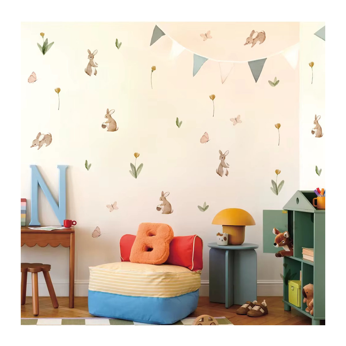 Wiederverwendbare Aquarell Wandaufkleber von Liwo mit Hasen und Blumen für dein Kinderzimmer in mehrfarbigem skandinavischem Design - Bild 3