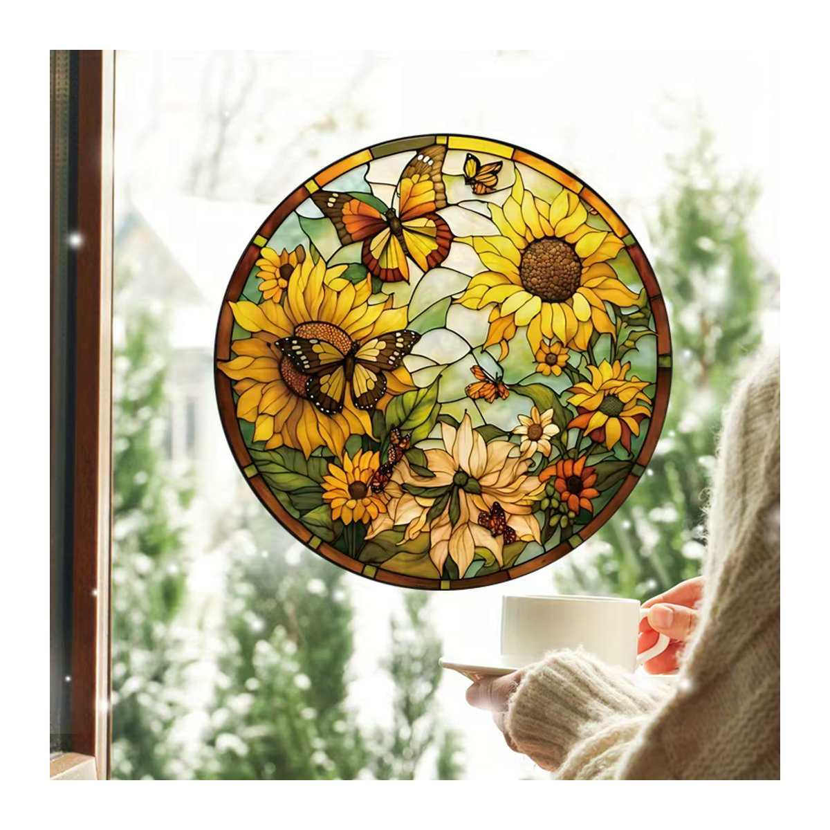 Wiederverwendbare Glasaufkleber mit Sonnenblumen und bunten Schmetterlingen für Fenster, Auto oder Wohnmobil, mehrfarbig und floral im Frühling-Design - Bild 3