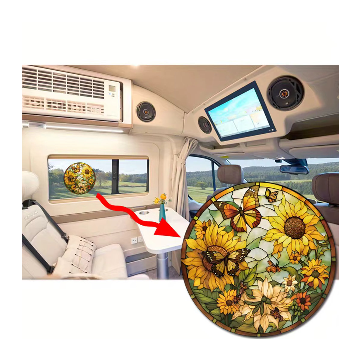Wiederverwendbare Glasaufkleber mit Sonnenblumen und bunten Schmetterlingen für Fenster, Auto oder Wohnmobil, mehrfarbig und floral im Frühling-Design - Bild 6