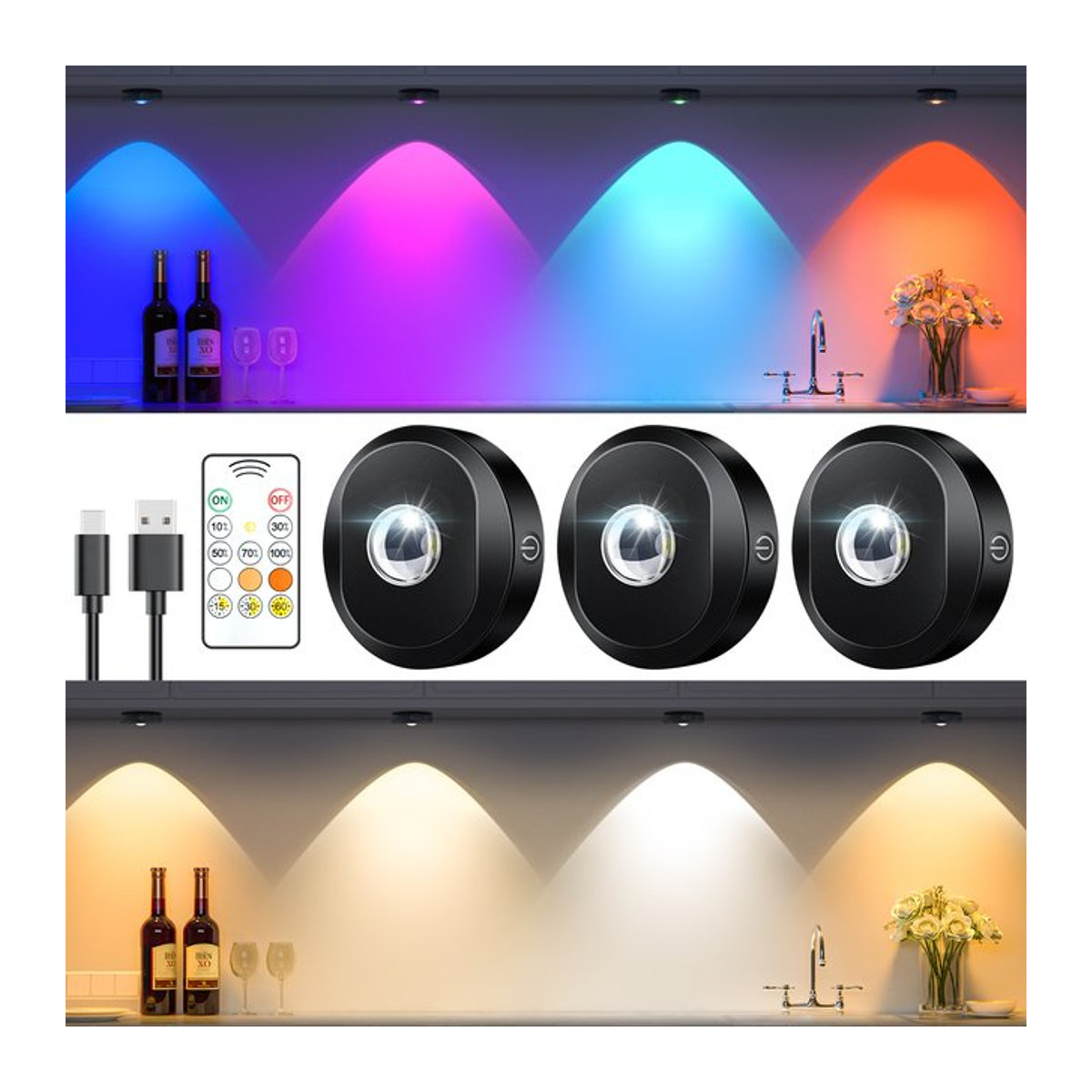 WILLED LED Nachtlicht Set mit Fernbedienung, 3 Stück, wiederaufladbare Puck-Lichter mit Timer und 1200 mAh, Schwarz, Minimalistisches Design zur Möbelbeleuchtung - Bild 1