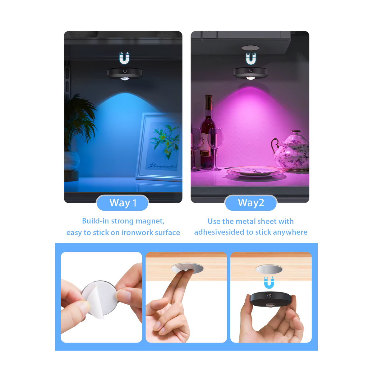 WILLED LED Nachtlicht Set mit Fernbedienung, 3 Stück, wiederaufladbare Puck-Lichter mit Timer und 1200 mAh, Schwarz, Minimalistisches Design zur Möbelbeleuchtung - Bild 2