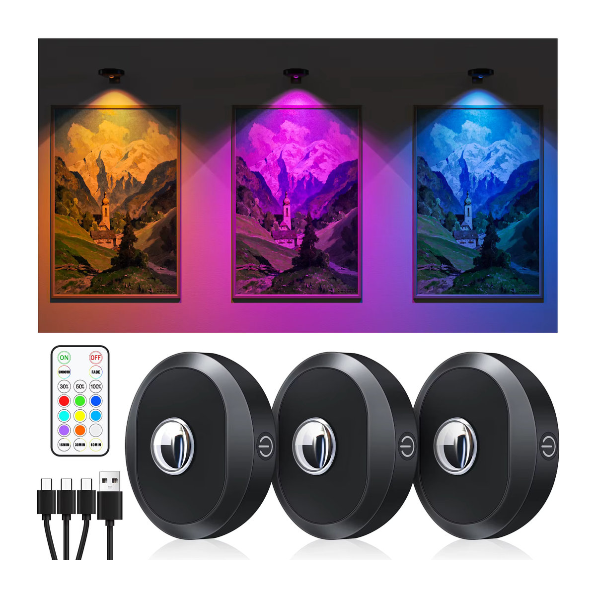 WILLED LED Nachtlicht Set mit Fernbedienung, 3 Stück, wiederaufladbare Puck-Lichter mit Timer und 1200 mAh, Schwarz, Minimalistisches Design zur Möbelbeleuchtung - Bild 7
