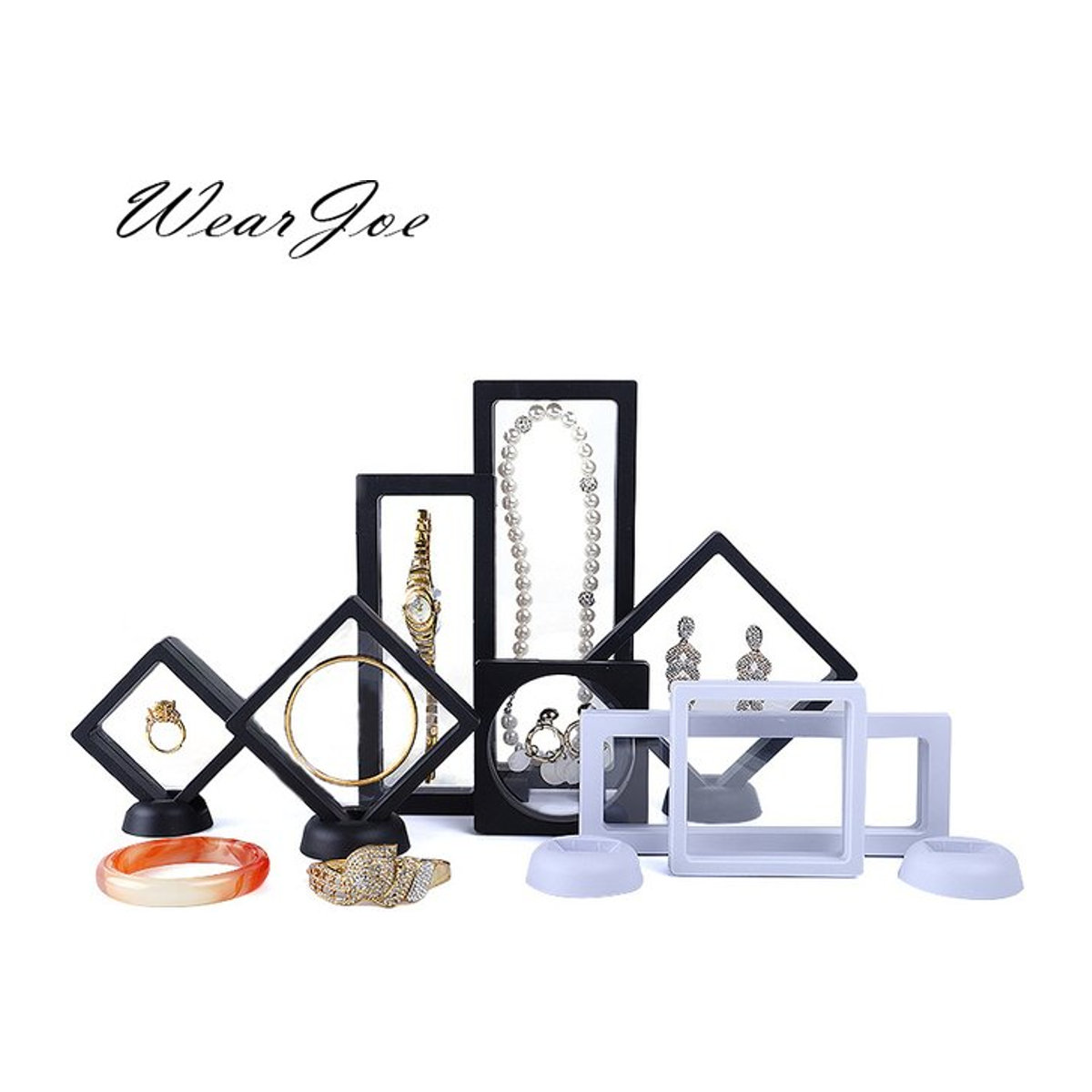 WILLJANE 3D-Münzbox mit schwebendem Rahmen als Schmuck-Ausstellungsständer für Edelsteine und Ringe, transparent und schwarz - Bild 1