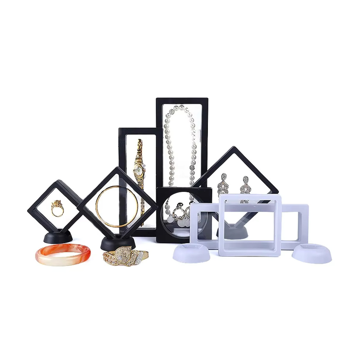 WILLJANE 3D-Münzbox mit schwebendem Rahmen als Schmuck-Ausstellungsständer für Edelsteine und Ringe, transparent und schwarz - Bild 3