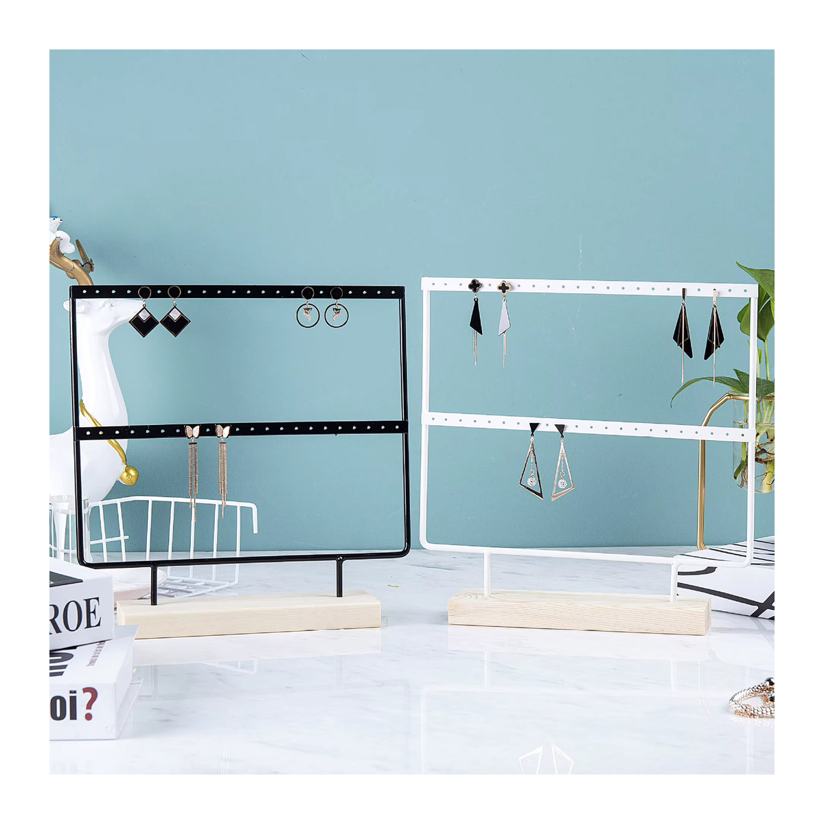 WILLJANE Schmuckdisplay Organizer aus Holz und Metall für Ohrstecker und Anhänger mit 24 Löchern in Braun, Weiß oder Schwarz - Bild 3