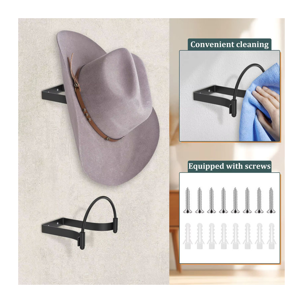 Willstar 4-teiliges Cowboyhut-Rack aus Metall zur Wandmontage, schwarzes Kappen-Display-Halter Set für Zuhause und Wohnung - Bild 4