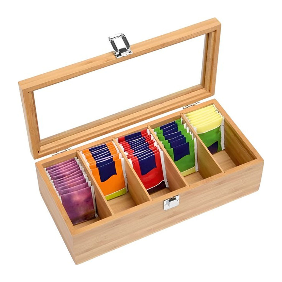 Willstar Bambus-Teebeutel-Aufbewahrungsbox mit transparentem Deckel und 5 Fächern in Natur - Bild 1