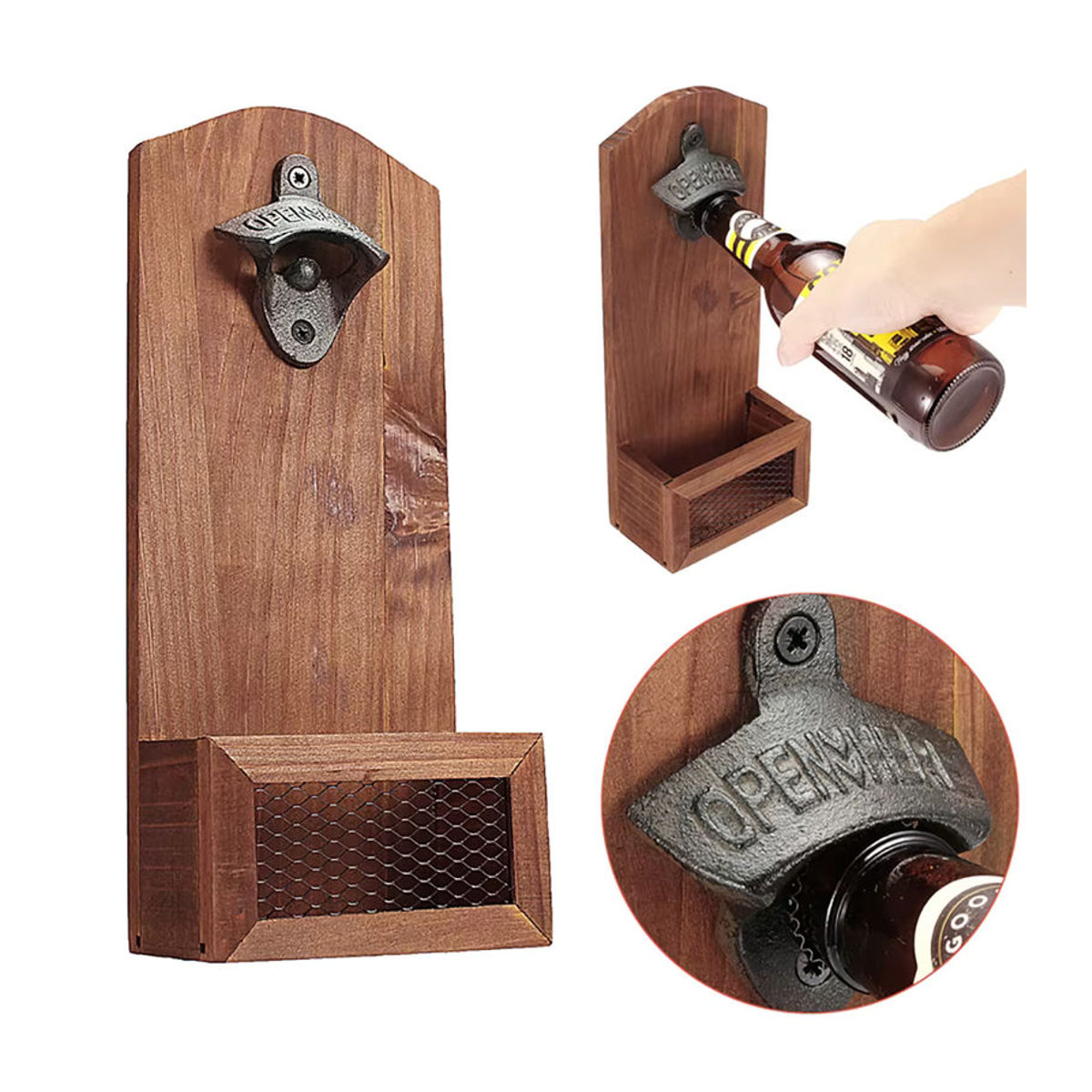 Willstar Bierflaschenöffner aus Holz in Braun im Vintage-Design zur Wandmontage - Bild 3