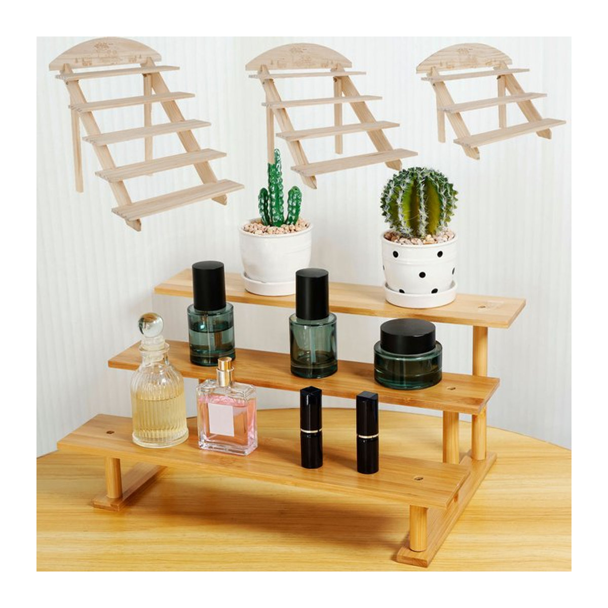 Willstar Holz-Riser-Ausstellungsregal in Braun, 3-lagiges minimalistisches Ausstellungsdisplay für Dessert, Schmuck und Sammlerstücke - Bild 1