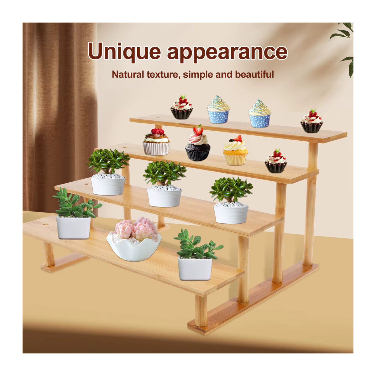 Willstar Holz-Riser-Ausstellungsregal in Braun, 3-lagiges minimalistisches Ausstellungsdisplay für Dessert, Schmuck und Sammlerstücke - Bild 3