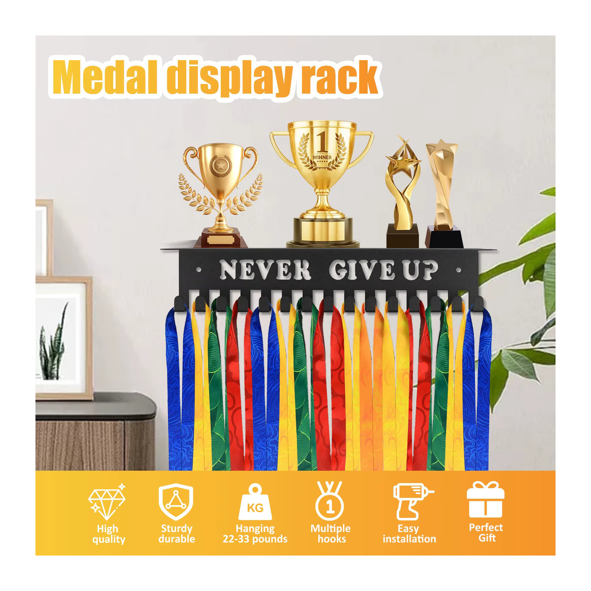 Willstar Medaille Display Rack aus Metall zur Wandmontage in Schwarz mit inspirierenden Worten für Sport und Fußball, B/H: 30 x 30 cm - Bild 2