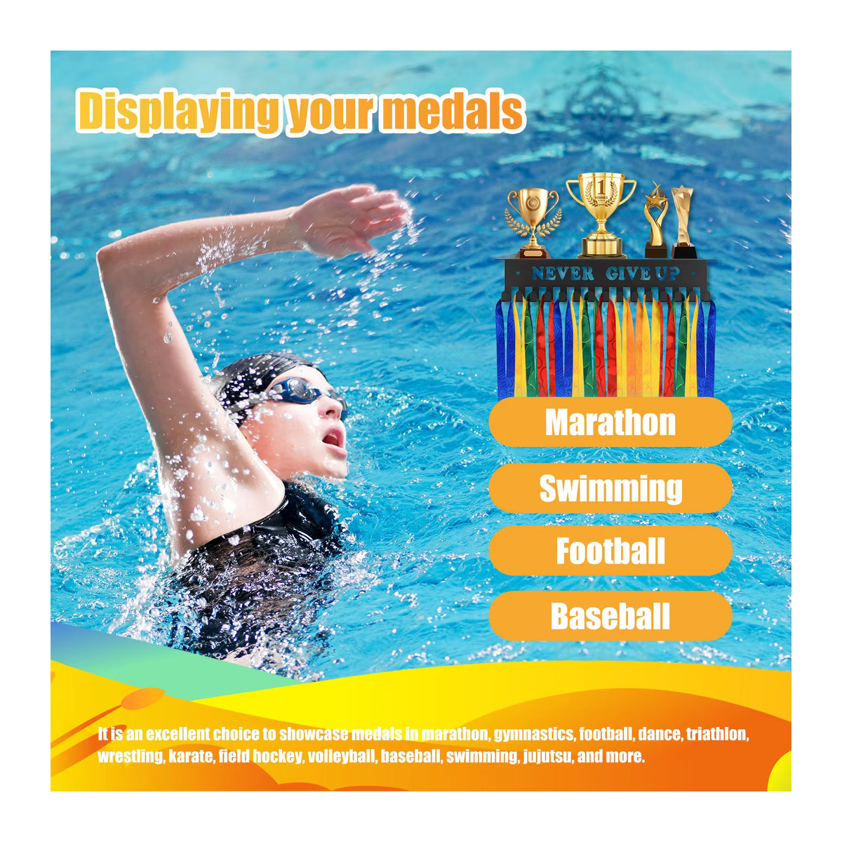 Willstar Medaille Display Rack aus Metall zur Wandmontage in Schwarz mit inspirierenden Worten für Sport und Fußball, B/H: 30 x 30 cm - Bild 4