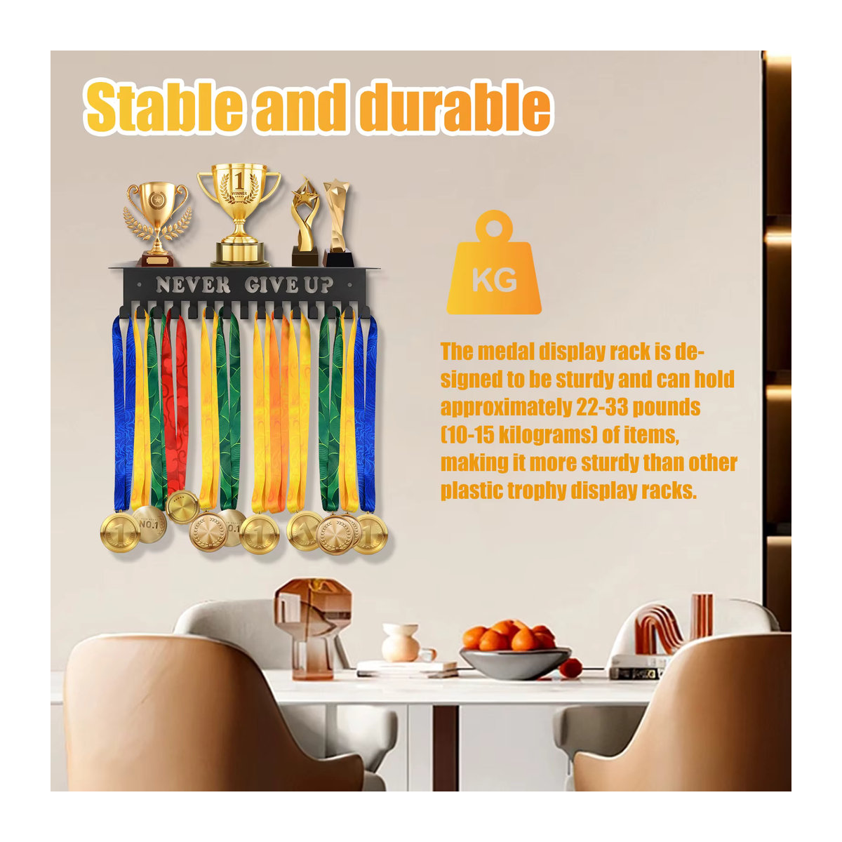 Willstar Medaille Display Rack aus Metall zur Wandmontage in Schwarz mit inspirierenden Worten für Sport und Fußball, B/H: 30 x 30 cm - Bild 5