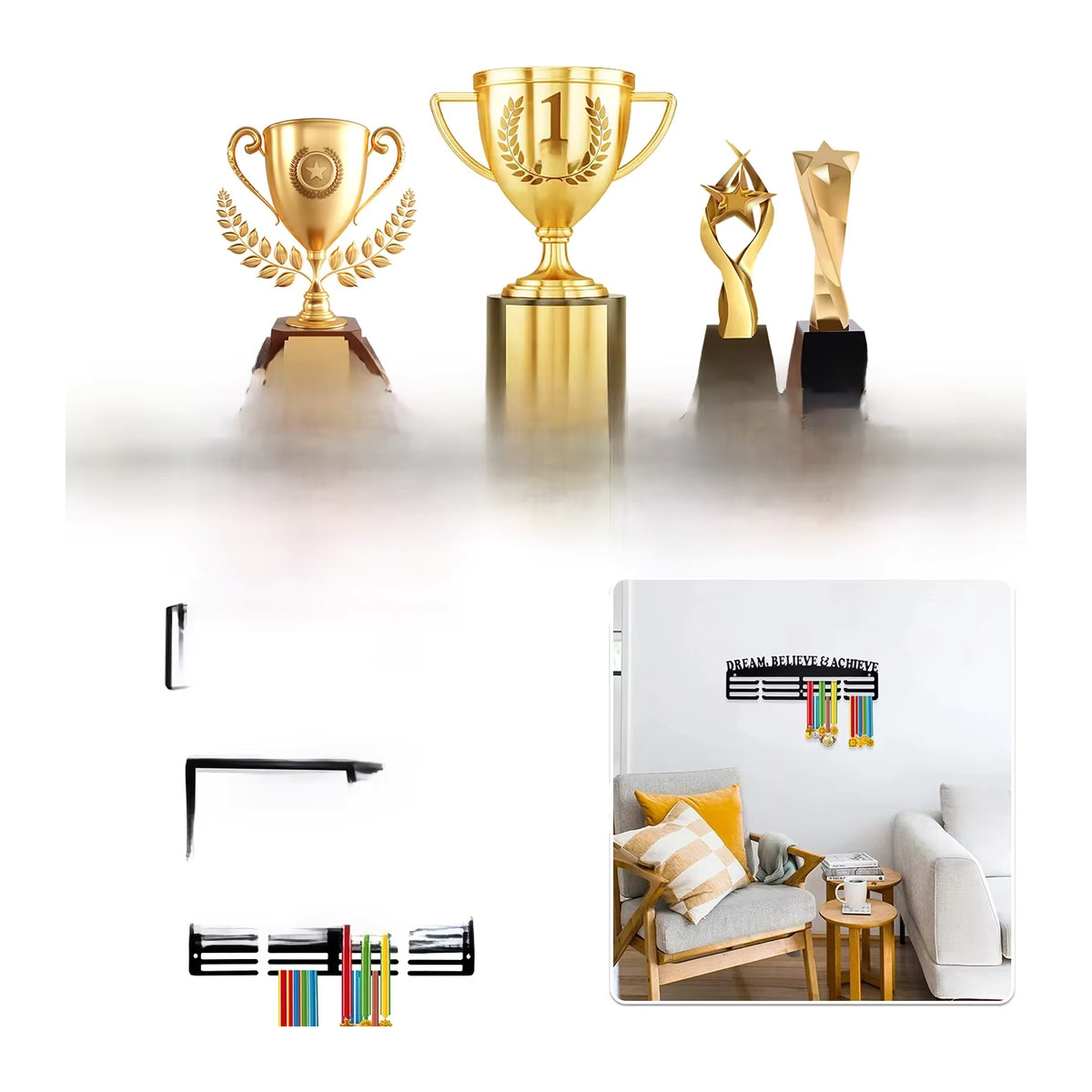 Willstar Medaille Display Rack aus Metall zur Wandmontage in Schwarz mit inspirierenden Worten für Sport und Fußball, B/H: 30 x 30 cm - Bild 7