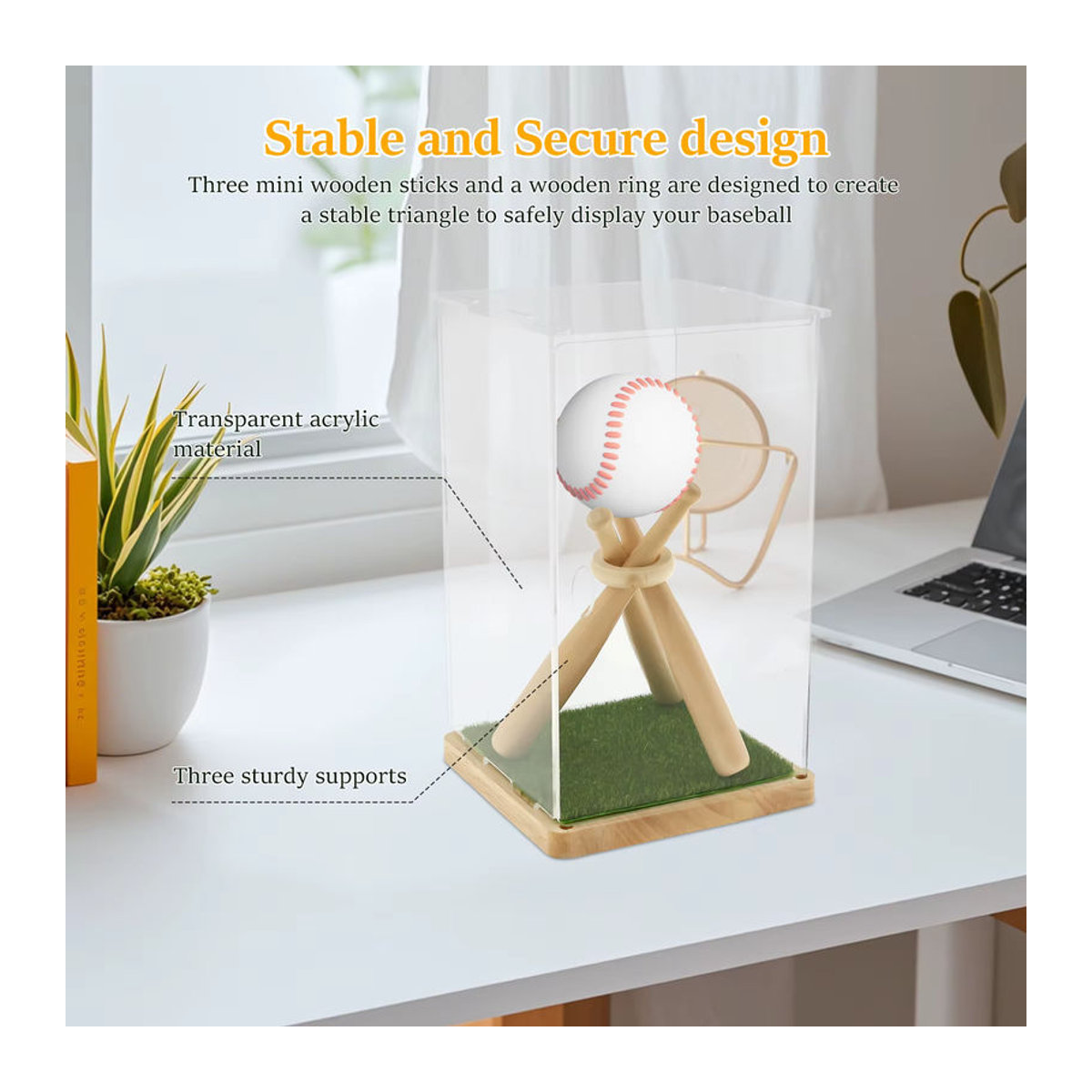 Willstar Mini-Baseballschlägerhalter aus Holz mit transparentem Acrylständer in Braun - Bild 3