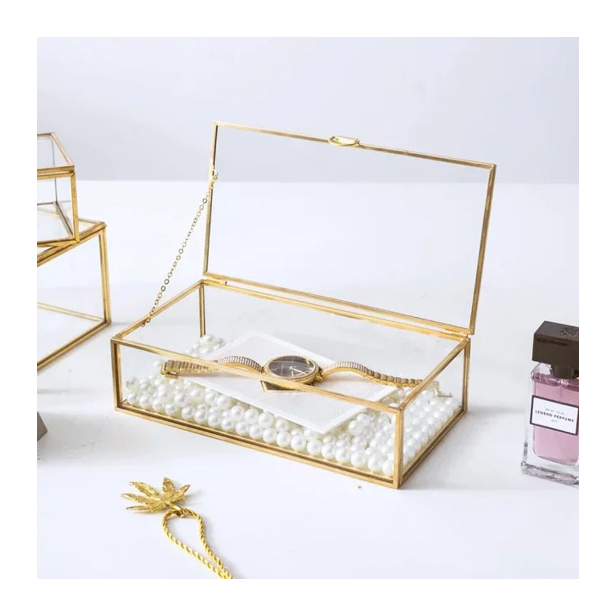 Willstar Schmuckschatulle aus Glas in Transparent und Gold, rechteckiger Vintage Schmuck-Organizer für Halsketten, Armbänder und Ohrringe - Bild 1