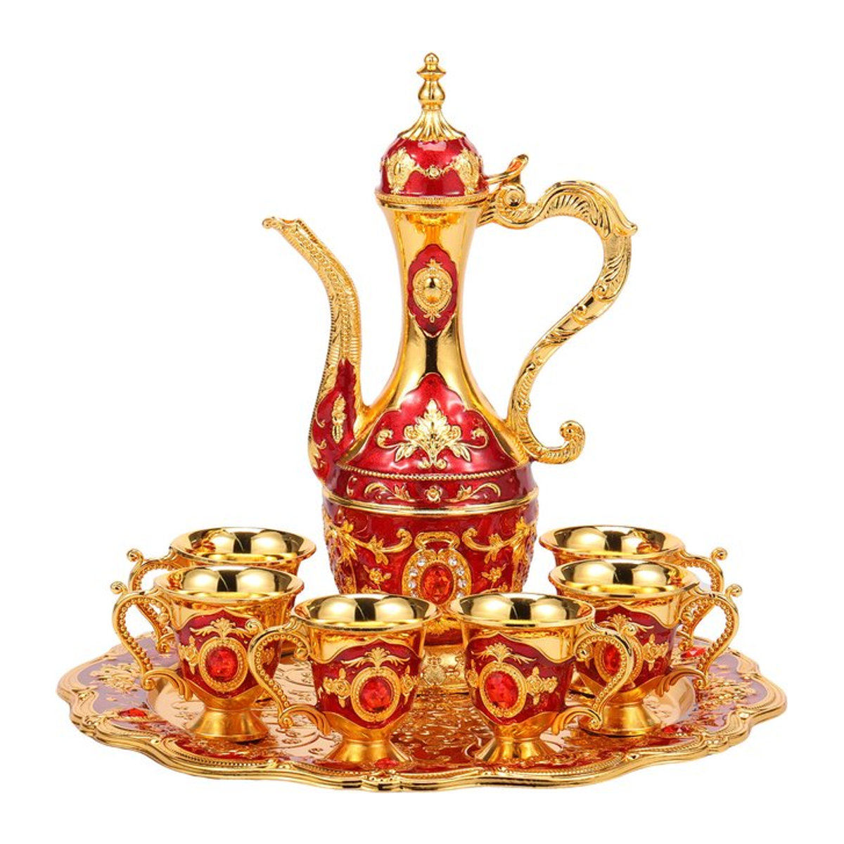 Willstar Türkisches Teeset aus Metall im Vintage-Stil mit 6 Tassen und Topftablage in Rot mit floralem Design - Bild 1