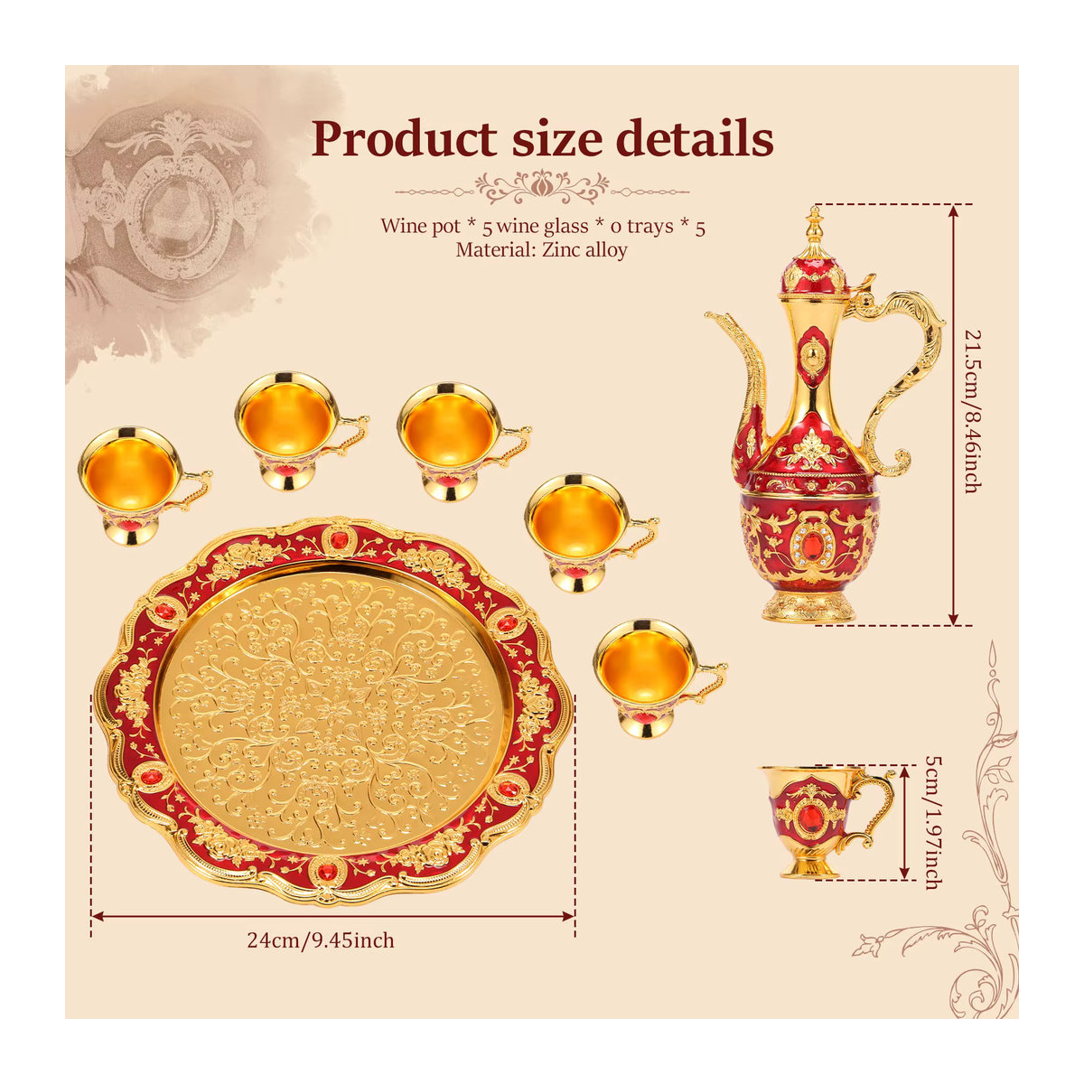 Willstar Türkisches Teeset aus Metall im Vintage-Stil mit 6 Tassen und Topftablage in Rot mit floralem Design - Bild 2