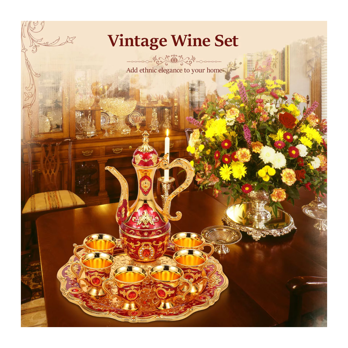 Willstar Türkisches Teeset aus Metall im Vintage-Stil mit 6 Tassen und Topftablage in Rot mit floralem Design - Bild 3