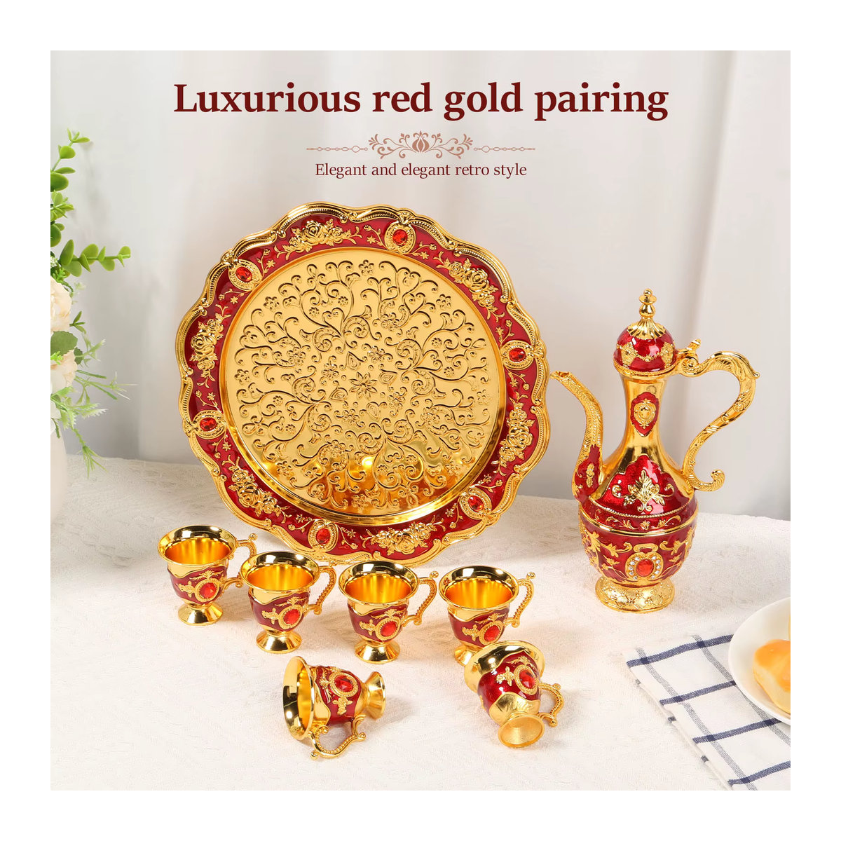 Willstar Türkisches Teeset aus Metall im Vintage-Stil mit 6 Tassen und Topftablage in Rot mit floralem Design - Bild 5