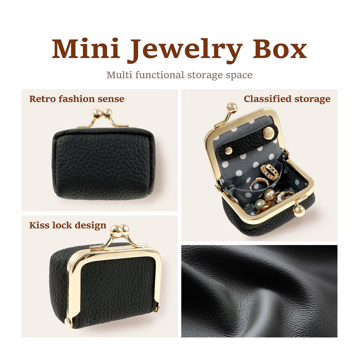 Willstar Vintage-Mini-Schmuckschatulle aus Leder in Schwarz für Ringe, Ohrringe und Halsketten - Bild 6