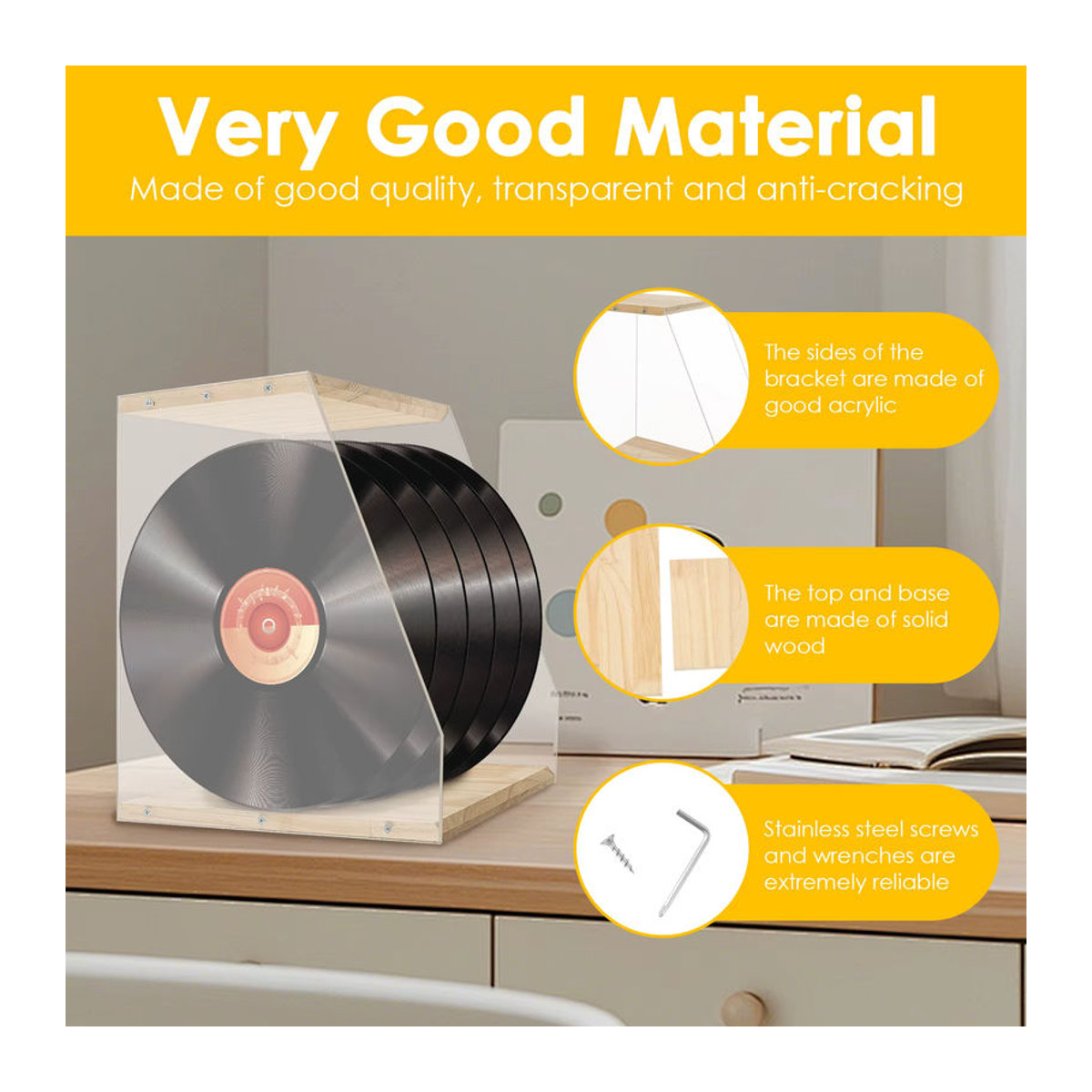 Willstar Vinyl-Schallplattenhalter und Bücherregal aus Holz und transparentem Acryl in Natur und Braun, minimalistisches Desktop-Aufbewahrungsregal - Bild 2