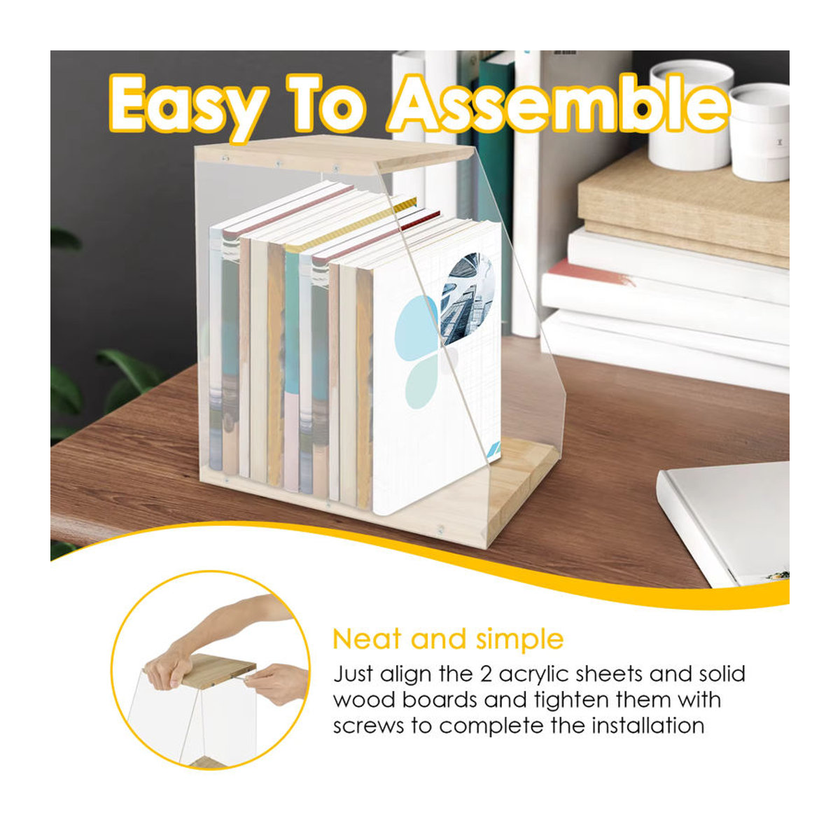 Willstar Vinyl-Schallplattenhalter und Bücherregal aus Holz und transparentem Acryl in Natur und Braun, minimalistisches Desktop-Aufbewahrungsregal - Bild 5