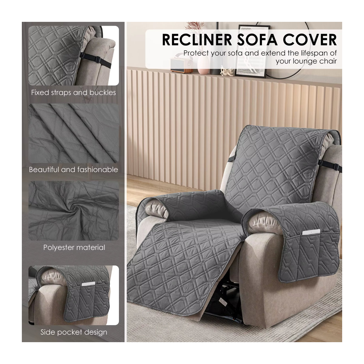 Willstar Wasserdichter Sofabezug aus Polyester in Grau mit Befestigungsgurt und Taschencouch als Möbelschutz - Bild 4