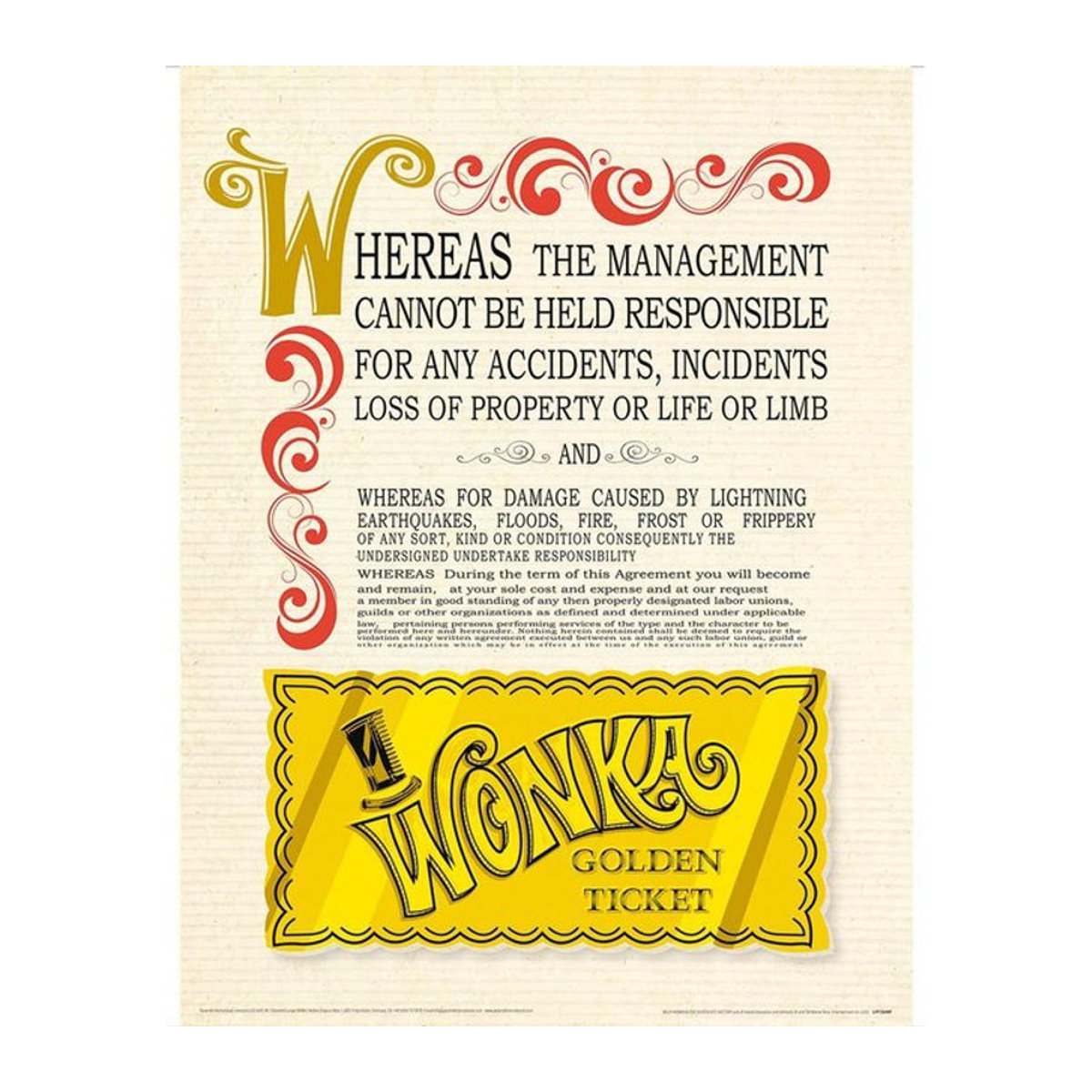 Willy Wonka & The Chocolate Factory Golden Ticket Typografie Print in Gold und Gelb, Querformat, B: 40 cm x H: 40 cm - Bild 1
