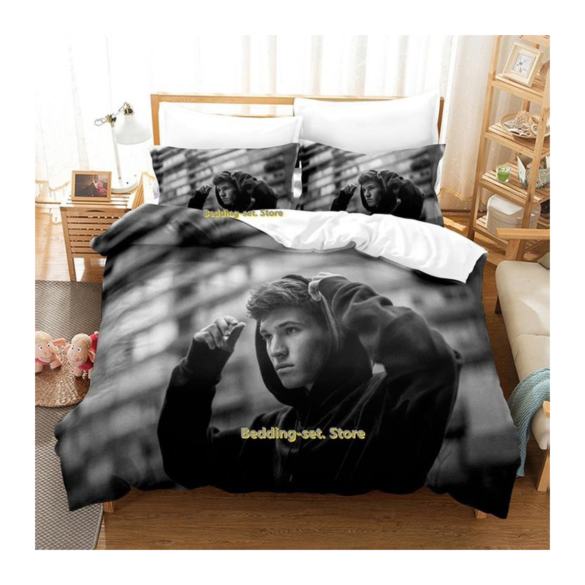 Wincent Weiss Bettwäsche Set mit Anime Druck in Schwarz, Bettbezug und Laken mit Reißverschluss, Größe: 245 x 210 cm - Bild 1