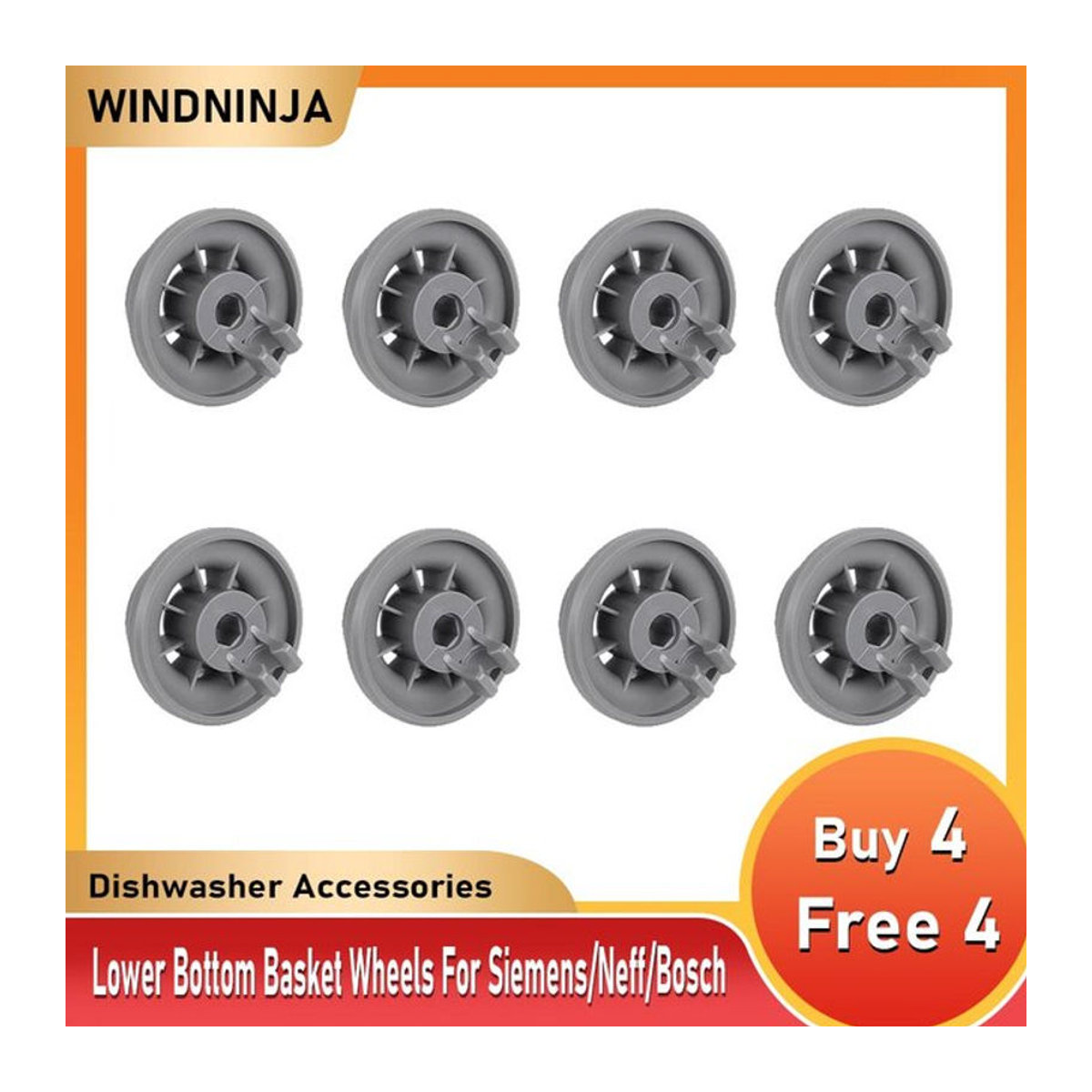 WINDNINJA 8er Set Spülmaschinenkorb-Rollen für den unteren Korb in Grau, passend für Bosch, Balay, Siemens und Neff - Bild 1