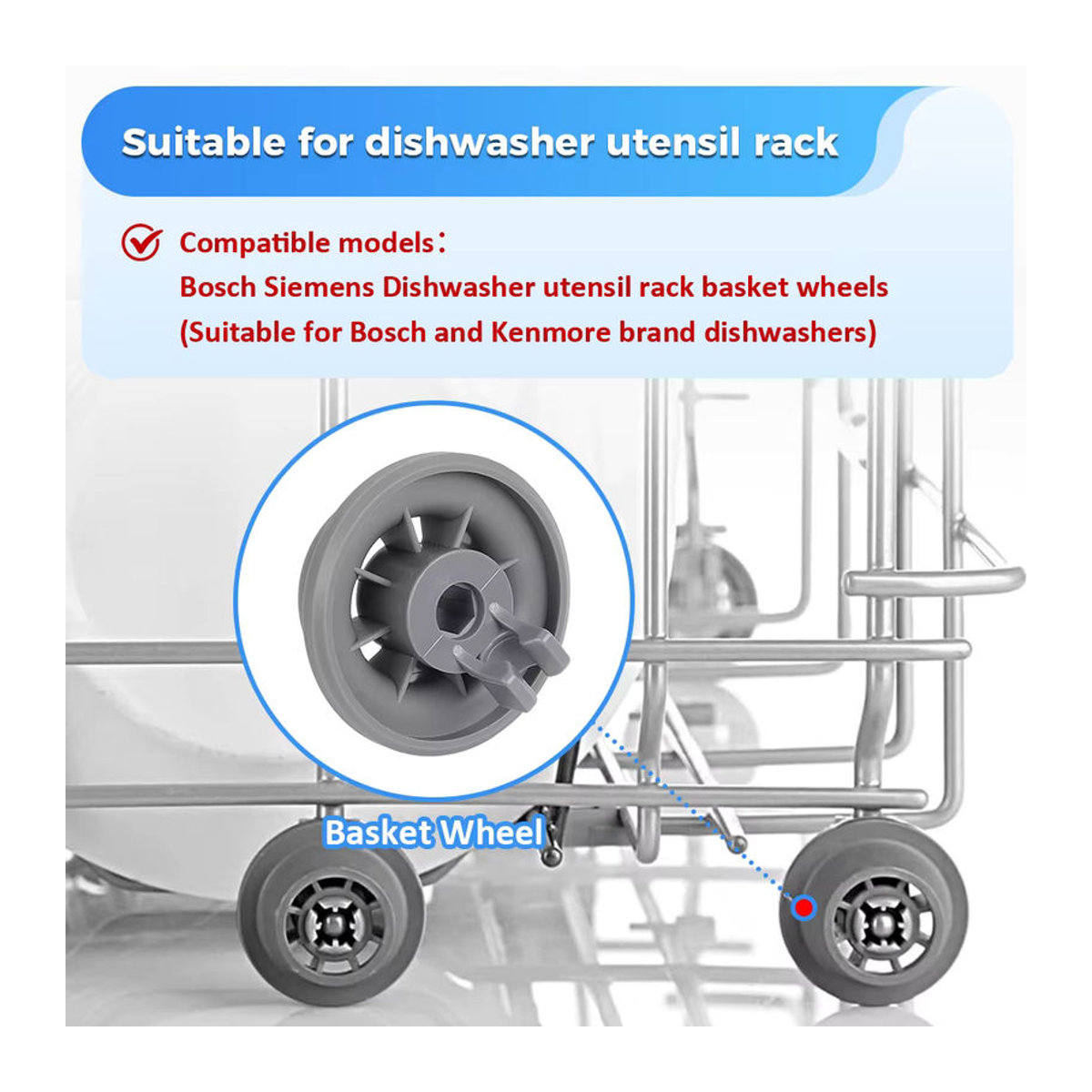 WINDNINJA 8er Set Spülmaschinenkorb-Rollen für den unteren Korb in Grau, passend für Bosch, Balay, Siemens und Neff - Bild 2