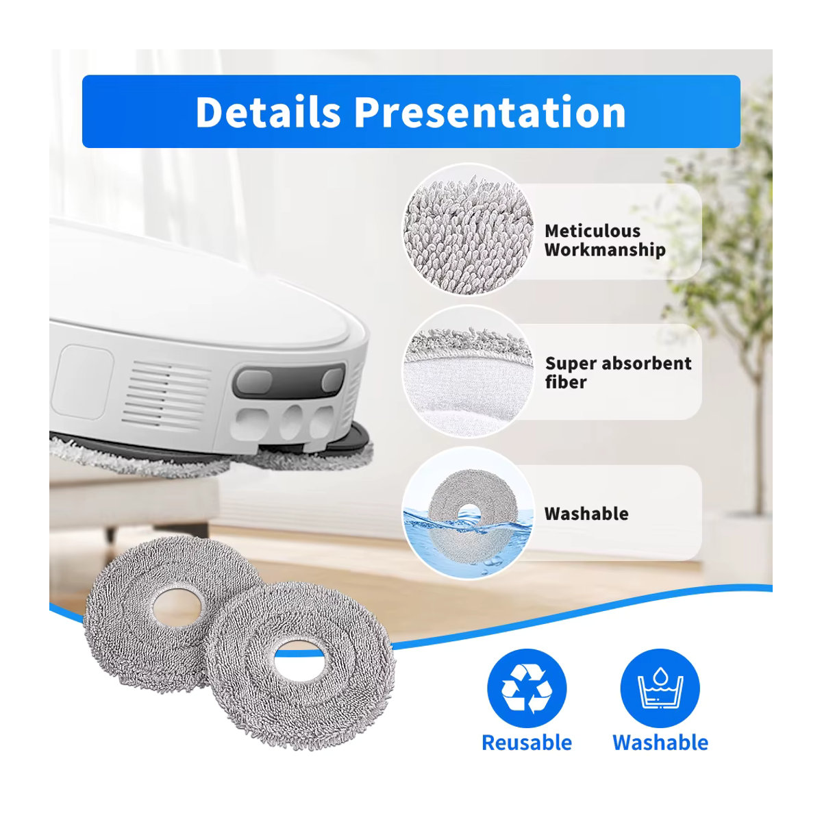 WINDNINJA Mop-Tuch-Set Grau als Ersatzteil für Xiaomi Mijia 5 Pro, X10 Plus, S10 Plus, X20, X20 Plus, M30 Pro und M30S - Bild 3