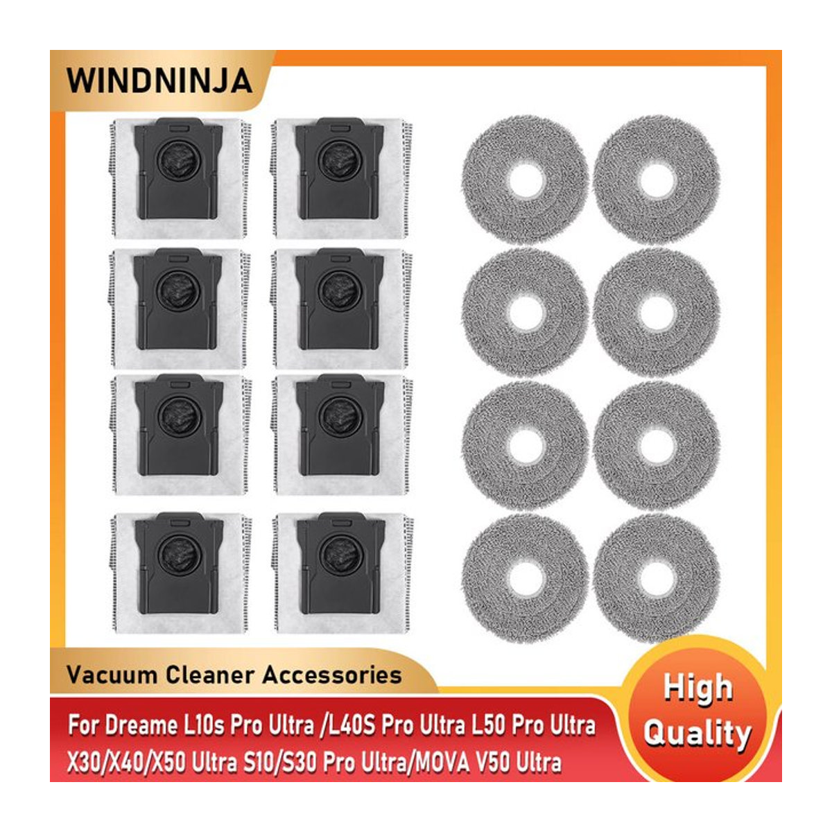 WINDNINJA Mopp-Tücher und Staubbeutel für Dreame X30 X40 X50 Ultra S10 S30 Pro Ultra L10s Pro Ultra L40S Pro Ultra L50 Pro Ultra in Schwarz - Bild 1